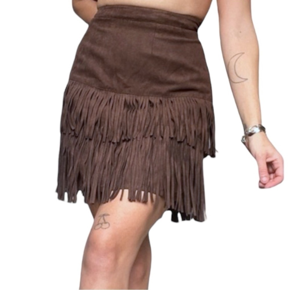 WD.NY Faux Suede Fringe Trim Mini Skirt Flapper Coastal Cowgirl Large Brown